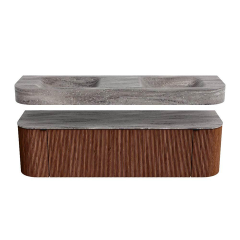 MONDIAZ THOR-DLUX 160cm meuble de salle de bains arrondi gauche + droite couleur Ruby avec 1 tiroir et 2 portes. Vasque suspendue CLOUD Double sans trou de robinet couleur Oza. SW1465301