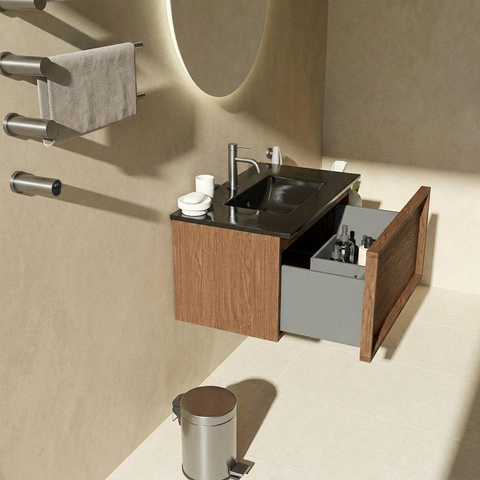Saniclass Holz Frame Badkamermeubelset - 80x45x42cm - Vygo keramische wastafel zwart - 1 wasbak - 1 kraangat - 1 lade - mat walnut pure (hout) SW1478954