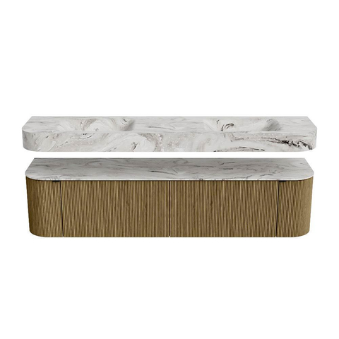 MONDIAZ THOR-DLUX Meuble de salle de bains - 190cm - arrondi gauche + droite - couleur Dusk - 2 tiroirs et 2 portes - Vasque suspendue CLOUD Double sans trou de robinet - couleur Glace SW1466456
