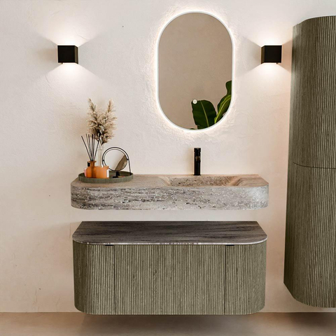MONDIAZ THOR-DLUX 110cm badmeubel ronding links + rechts kleur Shadow met 1 lade en 2 deuren. Vrijhangende wastafel CLOUD Rechts 1 kraangat kleur Oza. SW1462971