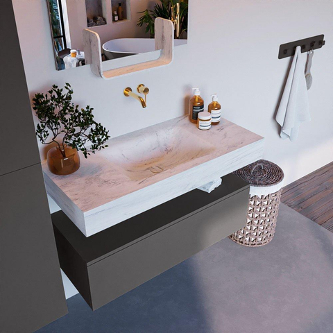 Mondiaz ALAN-DLUX Ensemble de meuble - 100cm - meuble Dark grey mat - 1 tiroir - Lavabo Cloud Opalo suspendu - vasque Centre - 0 trous de robinet SW806266