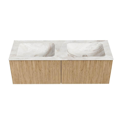 MONDIAZ KURVE-DLUX meuble de salle de bains 130 cm couleur Oak avec 2 tiroirs. Lavabo LEAF double sans trou de robinet couleur Frappe. SW1137356