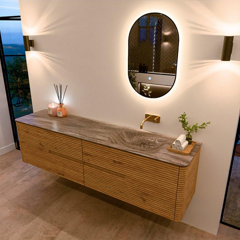 Mondiaz CIRO-DLUX Badkamermeubelset - 190x45x50cm - Solid surface wastafel Oza - 1 wasbak Rechts - zonder kraangaten - 4 lades - Oak SW1531162
