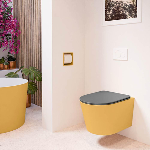 Mondiaz LAVIE hangtoilet – spoelrandloos – 36 x 53 cm – met softclose zitting – Ocher (geel), zitting Dark grey (grijs) SW1208604