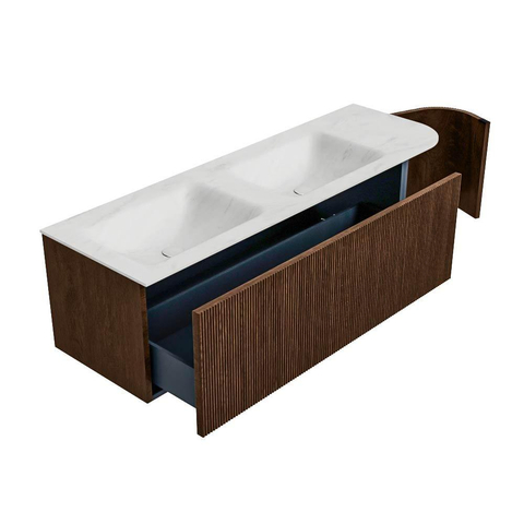 MONDIAZ KURVE-DLUX meuble de salle de bains 145cm avec module 25 R couleur Walnut avec 1 tiroir et 1 porte. Lavabo LEAF double / gauche 2 trous de robinet couleur Opalo. SW1137665