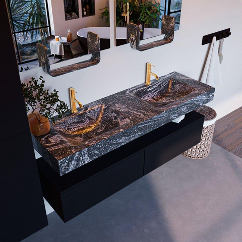 Mondiaz ALAN-DLUX Ensemble de meuble - 150cm - meuble Urban mat - 2 tiroirs - Lavabo Cloud Lava suspendu - vasque Gauche et droite - 2 trous de robinet SW807906