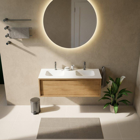 Saniclass Holz Frame Badkamermeubelset - 120x45x41.5cm - Flow solid surface wastafel wit - 2 wasbakken - 2 kraangaten - 1 lade - mat eiken natural (hout) SW1478419