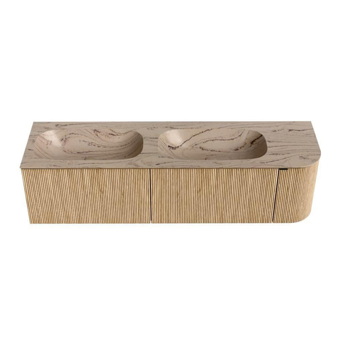 MONDIAZ KURVE-DLUX Meuble de salle de bains 165cm arrondi à droite couleur Chêne avec 2 tiroirs et 1 porte. Lavabo STOR SMALL Double / Gauche 2 trous de robinet Arena. SW1434014