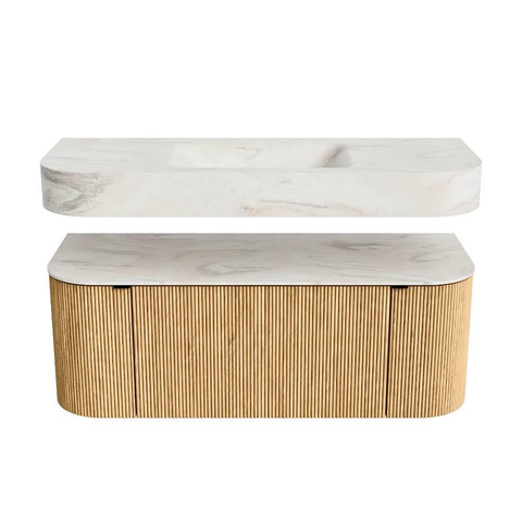 MONDIAZ THOR-DLUX 120cm badmeubel ronding links + rechts kleur Oak met 1 lade en 2 deuren. Vrijhangende wastafel CLOUD Midden 1 kraangat kleur Ostra. SW1463198