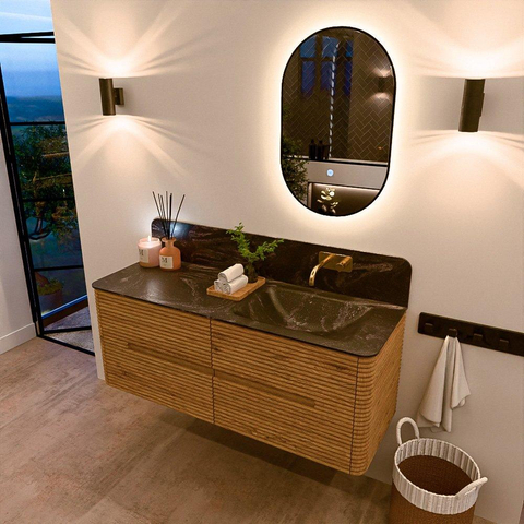 Mondiaz CIRO-DLUX Badkamermeubelset - 130x45x50cm - Solid surface wastafel Lava - 1 wasbak Rechts - zonder kraangaten - 4 lades - Oak SW1531088