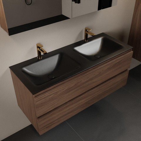 Mondiaz Aivy badmeubelset - 120x45x50cm - 2 kraangaten - 2 wasbakken urban Solid surface - Links en rechts - 2 lades - Met spiegelkast - Melamine Mocha SW892261