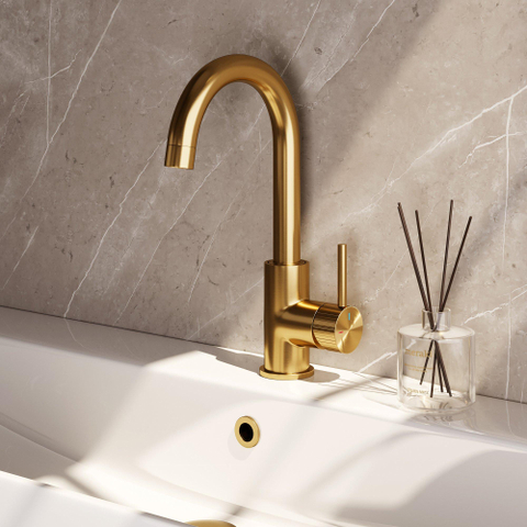 BRAUER Stripe Mitigeur de lavabo surélevé à poser - bec rond pivotant - modèle A - or brossé PVD SW1434792