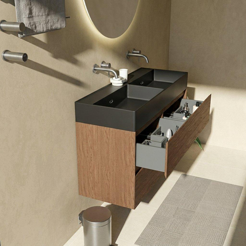 Saniclass Holz Pure Badkamermeubelset - 120x45x72cm - Legend keramische wastafel mat zwart - 2 wasbakken - zonder kraangaten - 4 lades - mat walnut pure (hout) SW1580181