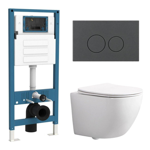 QeramiQ Dely Swirl Compact Toiletset - inbouwreservoir QeramiQ flush - slim zitting - kunststof bedieningsplaat mat antraciet - ronde knoppen - glans wit SW1590518