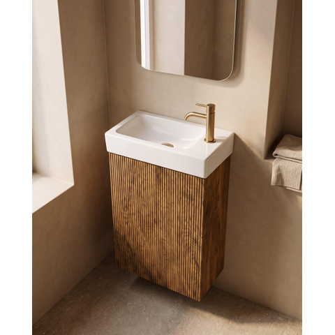 Saniclass Holz Atelier Ensemble meuble WC - 40x60.5cm - 1 porte - lave-mains céramique - trou de robinet à droite - walnut pure SW1577727