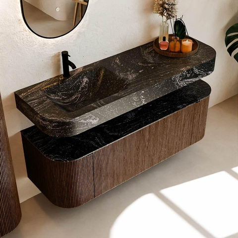 MONDIAZ THOR-DLUX 140cm meuble de salle de bains arrondi gauche + droite couleur Walnut avec 1 tiroir et 2 portes. Vasque suspendue CLOUD gauche 1 trou de robinet couleur Lava. SW1463971