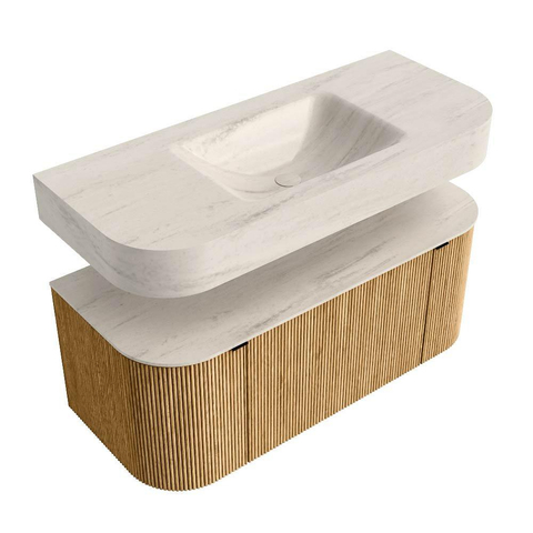 MONDIAZ THOR-DLUX Meuble de salle de bains 110cm arrondi gauche + droite couleur Oak avec 1 tiroir et 2 portes. Vasque suspendue CLOUD Milieu 1 trou de robinet couleur Meli. SW1462918