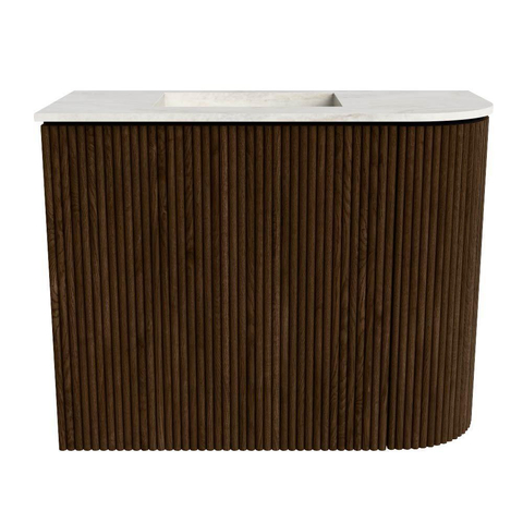 Mondiaz JOYA-DLUX 51.6cm toiletmeubel - ronding rechts kleur Walnut - Wastafel FAYE positie Links Zonder kraangat kleur Ostra. SW1422601