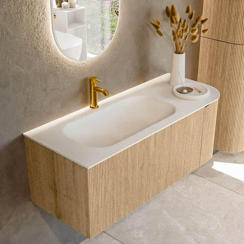 MONDIAZ KURVE meuble de salle de bains 115cm avec module 25 R couleur chêne avec 1 tiroir et 1 porte. Lavabo BIG SMALL gauche 1 trou de robinet Talc. SW1138173