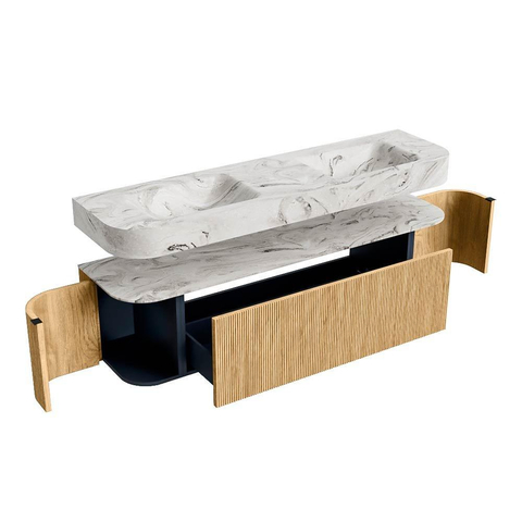 MONDIAZ THOR-DLUX 170cm meuble de salle de bains arrondi gauche + droite couleur Chêne avec 1 tiroir et 2 portes. Vasque suspendue CLOUD Double 2 trous de robinet couleur Glace. SW1465416