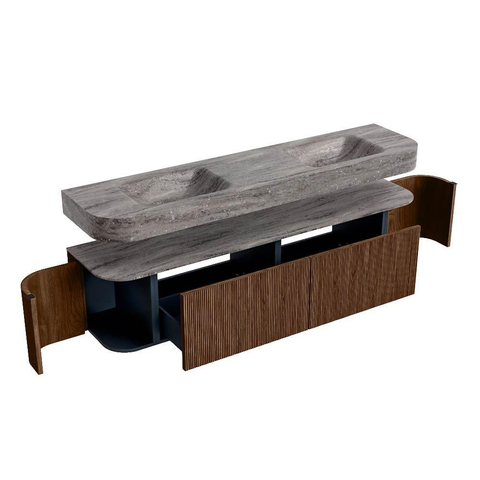 MONDIAZ THOR-DLUX Meuble de salle de bains - 190cm - arrondi gauche + droite - couleur Walnut - 2 tiroirs et 2 portes - Vasque suspendue CLOUD Double sans trou de robinet - couleur Oza SW1466816