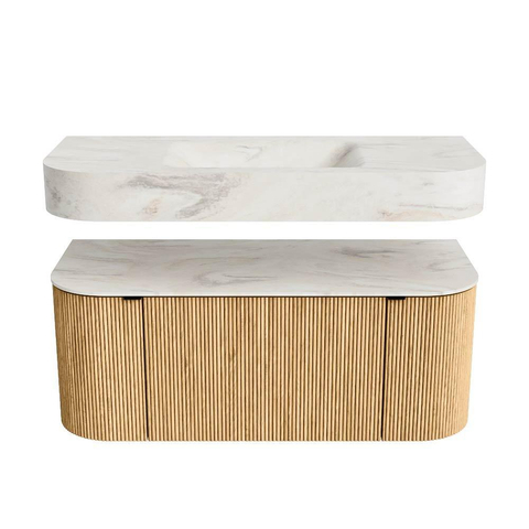 MONDIAZ THOR-DLUX 110cm badmeubel ronding links + rechts kleur Oak met 1 lade en 2 deuren. Vrijhangende wastafel CLOUD Midden zonder kraangat kleur Ostra. SW1462806