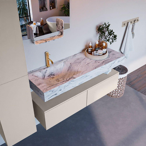 Mondiaz ALAN-DLUX Ensemble de meuble - 130cm - meuble Linen mat - 2 tiroirs - Lavabo Cloud Glace suspendu - vasque Gauche - 1 trou de robinet SW805822