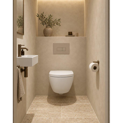 QeramiQ Dely Swirl Compact Toiletset - inbouwreservoir QeramiQ flush - 25mm zitting - kunststof bedieningsplaat taupe - ronde knoppen - mat wit SW1590822