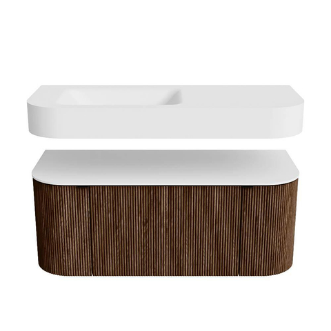 MONDIAZ THOR 110cm meuble de salle de bains arrondi gauche + droite couleur Walnut avec 1 tiroir et 2 portes. Vasque suspendue CLOUD gauche 1 trou de robinet couleur Talc. SW1462759