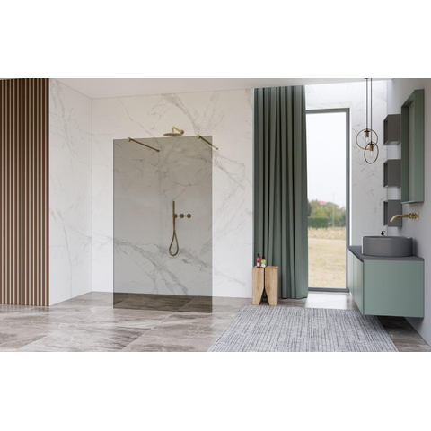 FugaFlow Eccelente Vetro Douche à l'italienne - 110x200cm - Fumé - anticalcaire - verre de sécurité 8mm - bras muraux - Laiton brossé (or) SW1125595