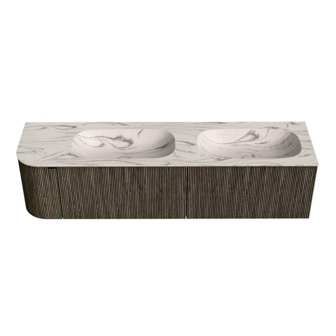 MONDIAZ KURVE-DLUX 175cm badmeubel ronding Links kleur Shadow met 2 lades en 1 deur. Wastafel STOR SMALL Dubbel / Rechts 2 kraangaten Nata. SW1432337