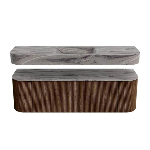MONDIAZ THOR-DLUX 150cm meuble de salle de bains arrondi gauche + droite couleur Walnut avec 1 tiroir et 2 portes. Vasque suspendue CLOUD Milieu sans trou de robinet couleur Sombra. SW1464918