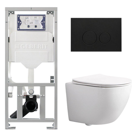 Pack WC QeramiQ Dely Swirl Compact - réservoir encastrable Geberit UP320 - avec bâti-support Burda - abattant slim - plaque de commande en plastique noir mat - boutons ronds - blanc brillant SW1592280