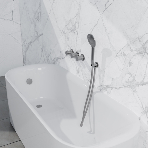 Fortifura Nebbio Ensemble combinaison de bain - mitigeur thermostatique - coude mural avec support de douchette - flexible de douche métallique - douchette ronde - Remplissage-vidage de baignoire - inox brossé PVD (inox) SW1238058