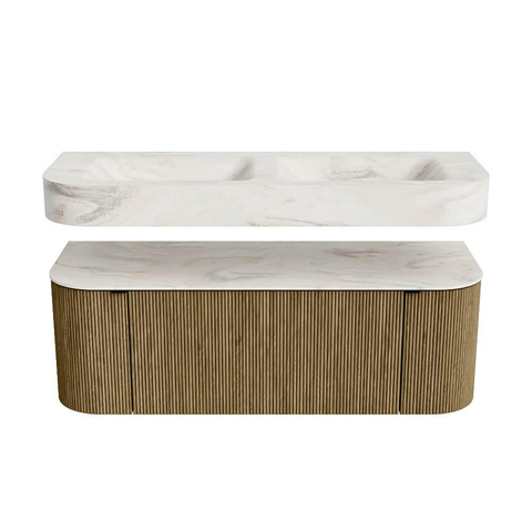MONDIAZ THOR-DLUX Meuble de salle de bains 130cm arrondi gauche + droite couleur Dusk avec 1 tiroir et 2 portes. Vasque suspendue CLOUD Double sans trou de robinet couleur Ostra. SW1463528