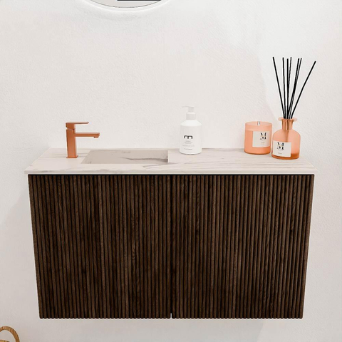 Mondiaz JOYA-DLUX Meuble de toilette 70cm - couleur Walnut - Vasque FAYE position Gauche 1 trou de robinet couleur Nata SW1424474