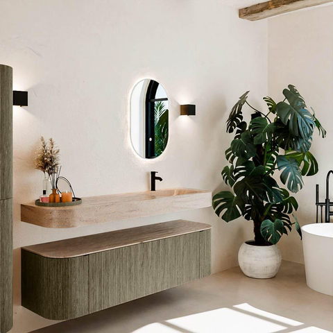 MONDIAZ THOR-DLUX 160cm meuble de salle de bains arrondi gauche + droite couleur Shadow avec 1 tiroir et 2 portes. Vasque suspendue CLOUD Droite 1 trou de robinet couleur Saba. SW1465362