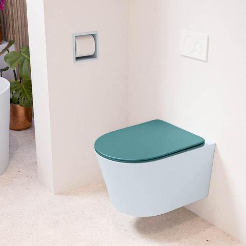 Mondiaz LAVIE hangtoilet – spoelrandloos – 36 x 53 cm – met softclose zitting – Clay (lichtblauw/grijs), zitting Smag (groen) SW1208711