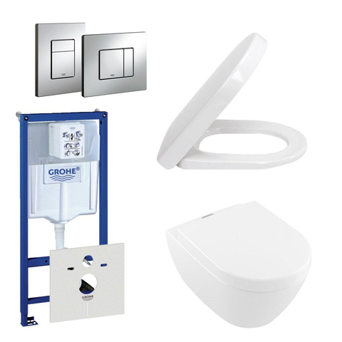 Villeroy & Boch ViFresh Pack WC avec réservoir à encastrer, WC mural à fond creux avec abattant softclose et plaque de commande verticale/horizontale chrome SW158513