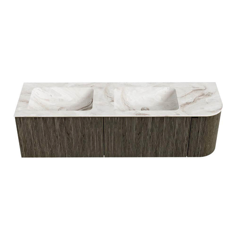 Mondiaz KURVE-DLUX Ensemble de meuble de salle de bains - 155x46x40cm - 2 tiroirs - 1 porte - vasque solid surface - double / gauche - sans trou de robinet - Shadow SW1414375