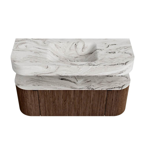 MONDIAZ THOR-DLUX 120cm badmeubel ronding links + rechts kleur Walnut met 1 lade en 2 deuren. Vrijhangende wastafel CLOUD Midden 1 kraangat kleur Glace. SW1463199