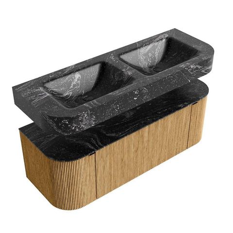MONDIAZ THOR-DLUX 130cm badmeubel ronding links + rechts kleur Oak met 1 lade en 2 deuren. Vrijhangende wastafel CLOUD Dubbel zonder kraangat kleur Lava. SW1463544