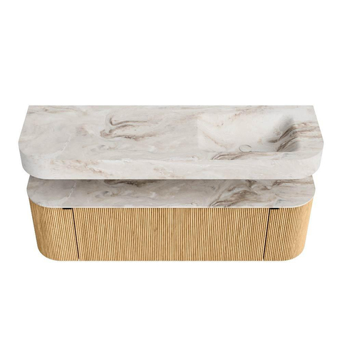 MONDIAZ THOR-DLUX 150cm badmeubel ronding links + rechts kleur Oak met 1 lade en 2 deuren. Vrijhangende wastafel CLOUD Rechts zonder kraangat kleur Frappe. SW1464567