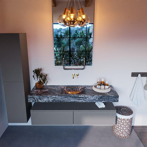 Mondiaz ALAN-DLUX Ensemble de meuble - 150cm - meuble Plata mat - 2 tiroirs - Lavabo Cloud Lava suspendu - vasque Centre - 0 trous de robinet SW808467