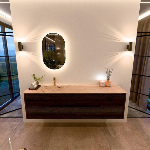 Mondiaz CIRO-DLUX Meuble de salle de bains - 180x45x50cm - Plan vasque en solid surface Arena - 1 lavabo à gauche - 1 trou de robinetterie - 4 tiroirs - Noyer SW1530439