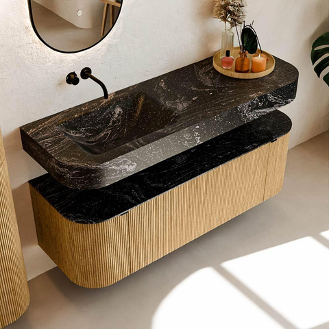 MONDIAZ THOR-DLUX 140cm meuble de salle de bains arrondi gauche + droite couleur Oak avec 1 tiroir et 2 portes. Vasque suspendue CLOUD gauche sans trou de robinet couleur Lava. SW1463910