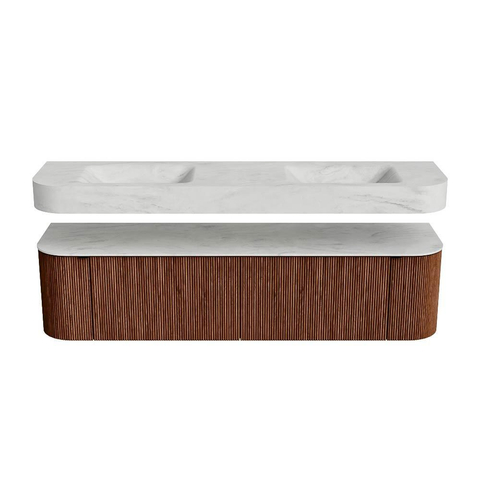 MONDIAZ THOR-DLUX 180cm meuble de salle de bains arrondi gauche + droite couleur Ruby avec 2 tiroirs et 2 portes. Vasque suspendue CLOUD Double 2 trous de robinet couleur Opalo. SW1466073