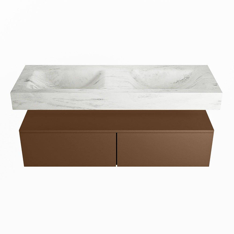 Mondiaz ALAN-DLUX Ensemble de meuble - 130cm - meuble Rust mat - 2 tiroirs - Lavabo Cloud Opalo suspendu - vasque Gauche et droite - 2 trous de robinet SW806516