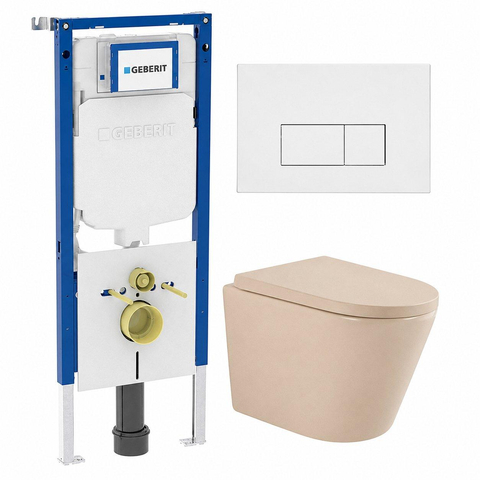 QeramiQ Dely Toiletset - 36.3x51.7cm - diepspoel - rimless - Geberit UP720 inbouwreservoir - softclose toilet zitting - 35mm - mat witte bedieningsplaat - rechthoekige knoppen - mat beige SW1427081