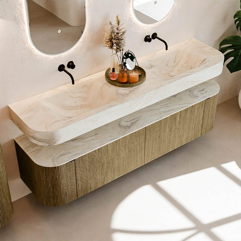 MONDIAZ THOR-DLUX Meuble de salle de bains - 180cm - arrondi gauche + droite - couleur Dusk - 2 tiroirs et 2 portes - Vasque suspendue CLOUD Double sans trou de robinet - couleur Ostra SW1466017